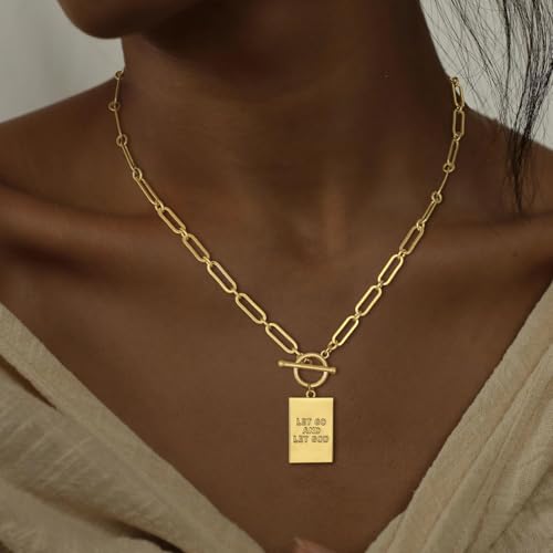 CHESKY Cross Necklace for Women Trendy, Dainty 14K Gold Plated Paperclip Charm Necklace for Womens Chunky Cross Pendant Necklace Gold Jewelry Religious Christian Gifts for Christians - color: LET GO AND LET GOD