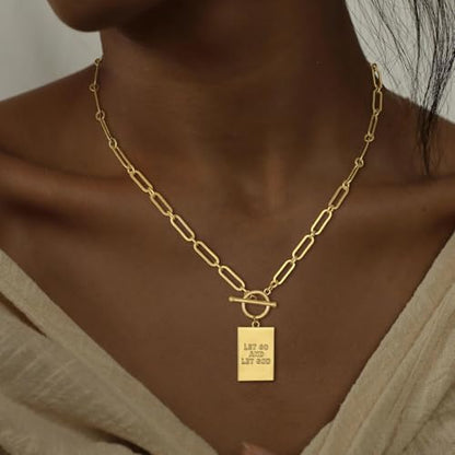 CHESKY Cross Necklace for Women Trendy, Dainty 14K Gold Plated Paperclip Charm Necklace for Womens Chunky Cross Pendant Necklace Gold Jewelry Religious Christian Gifts for Christians - color: LET GO AND LET GOD