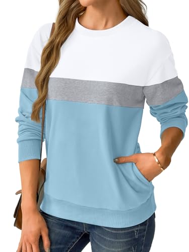 GKBK Womens Sweatshirts Cotton Crew Neck Lightweight Pullover Pocket Tops - color: White Blue, size: Medium