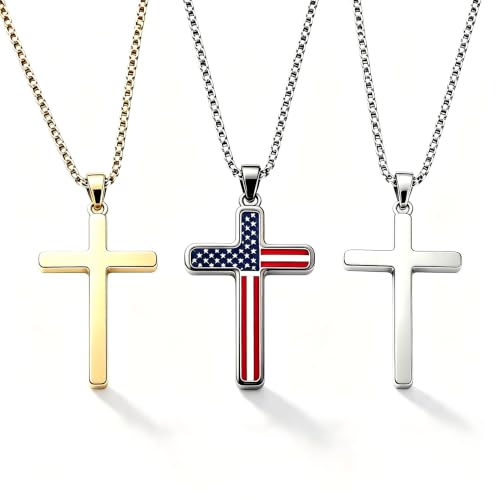 American Flag Cross Pendant Necklace, Silver-Tone, Stars and Stripes, Patriotic Religious Jewelry,for a gift box - color: gold +silver+black1