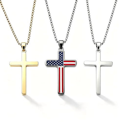 American Flag Cross Pendant Necklace, Silver-Tone, Stars and Stripes, Patriotic Religious Jewelry,for a gift box - color: gold +silver+black1