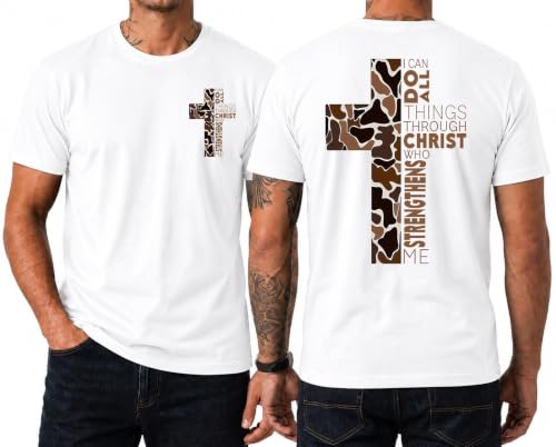 Christian Shirts for Men I Can Do All Things Through Christ Cross T-Shirt - color: White, size: Small