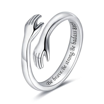 LOVECOM S925 Sterling Silver Hug Rings for Women Teen Girls Mother Daughter - color: Be brave. Be strong. Be badass, size: US Size 8