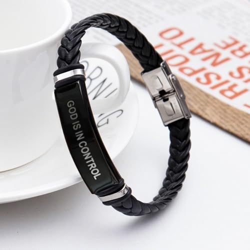 God is in Control Leather Bracelet, Stainless Steel Christian Faith Braided Engraved Bar Bracelets Self Worth Motivation Bracelet Inspirational Friendship Jewelry for Men Women - color: Black