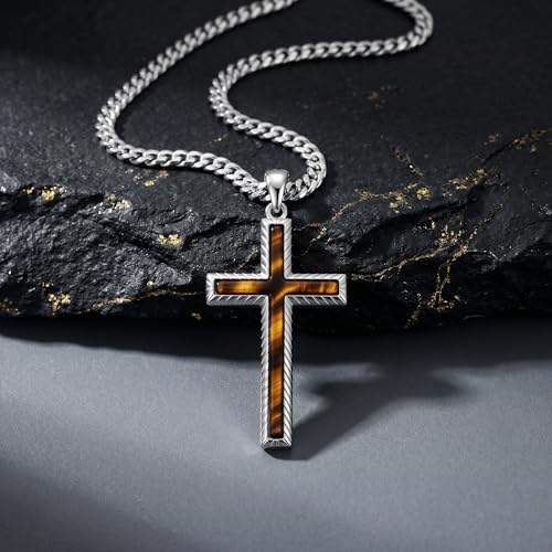 MRENITE Silver Natural Stone Cross Necklace, Classic Latin Cross Pendant Necklace for Unisex Women Man, Vintage Crystal Quartz Cross Necklace with 20+2 Inches Adjustable Cuban Chain - style: Tiger Eye