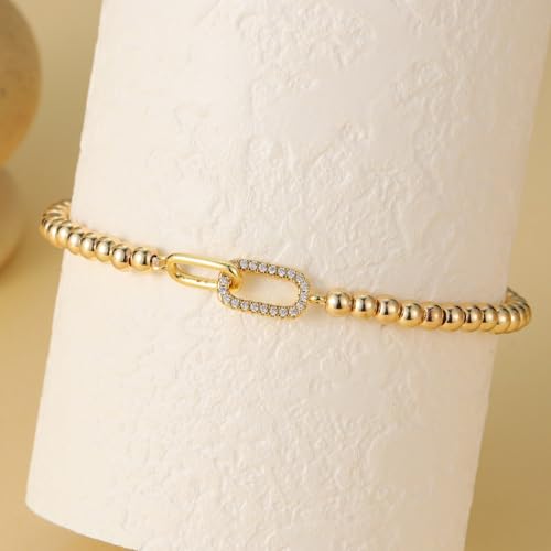 GINAZAL Gold Bead Bracelet for Women, Hypoallergenic Fade-Resistant | Brass | 14K Gold |Cubic Zirconia - color: Link