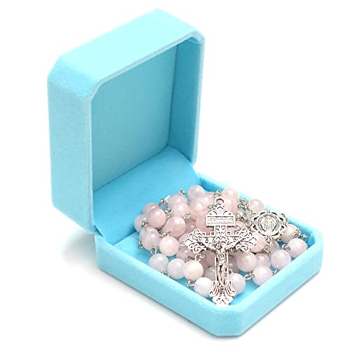 Rosary Beads Chaplet Purple Natural Amethyst Crystal Rosery Cross Catholic gifts - color: Pink