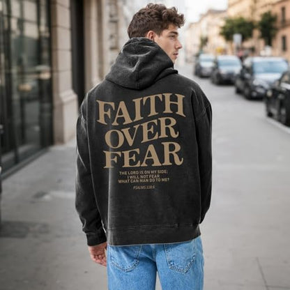 Christian Faith Over Fear Hoodies for Men Jesus Religious Graphic Sweatshirt Bible Verse Acid Wash Pullover Hoodie - color: Black, size: XX-Large