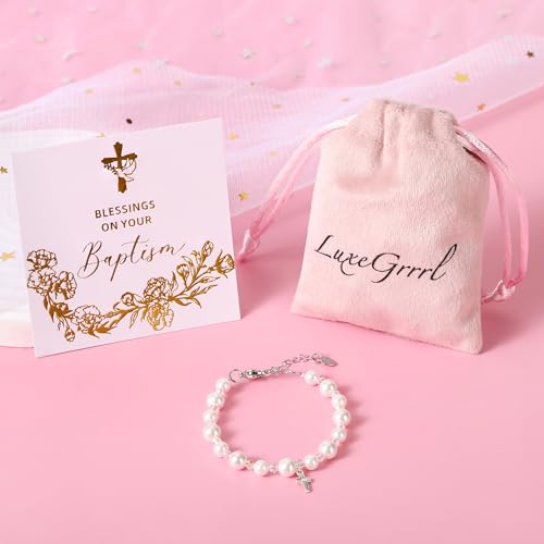 Pearl Cross Bracelets for Girls, Sterling Silver Baby Bracelet, Baptism Gifts for Girl, Christening and First Communion Christian Jewelry Gift for Kids
