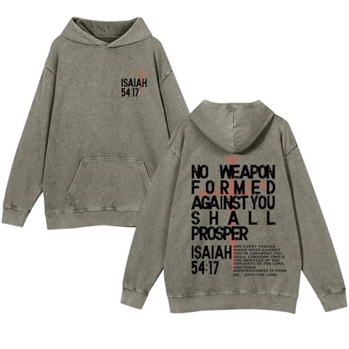 Christian Hoodies Men Jesus No Weapon Formed Against You Sweatshirts Faith God Oversized Acid Wash Graphic Pullover - color: Green, size: Medium