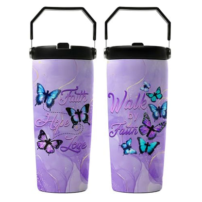 Hiboss Christian Gifts for Women Faith, Butterfly Tumbler with Handle and Flip Straw 28oz, Insulated Stainless Steel Travel Cup Mug, Inspirational Religious Birthday Gift for Her - color: Butterfly - 01
