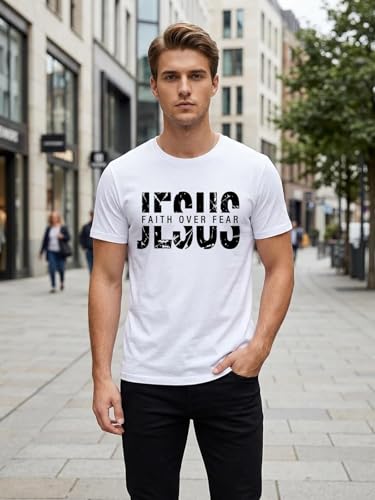 Christian Shirts Men Jesus Faith Over Fear Tshirt Inspirational Bible Tees - color: White-faith, size: X-Large