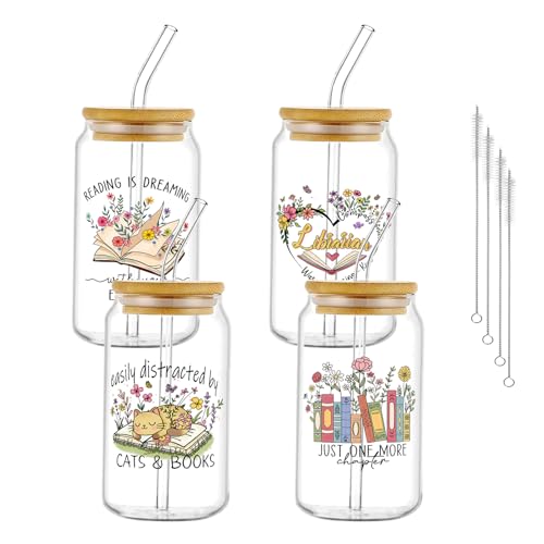 Glass Cups with Lids and Straws, 4Pack, 16oz, Bookworm Book - style: Book Lover