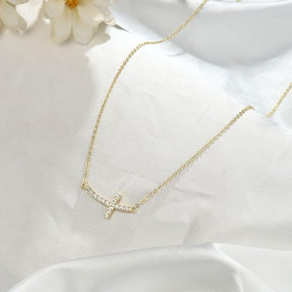 MONOZO Dainty 14K Gold Plated Cross Necklace for Women Jewelry Gifts Trendy - color: Gold - Sideway Diamond Cross