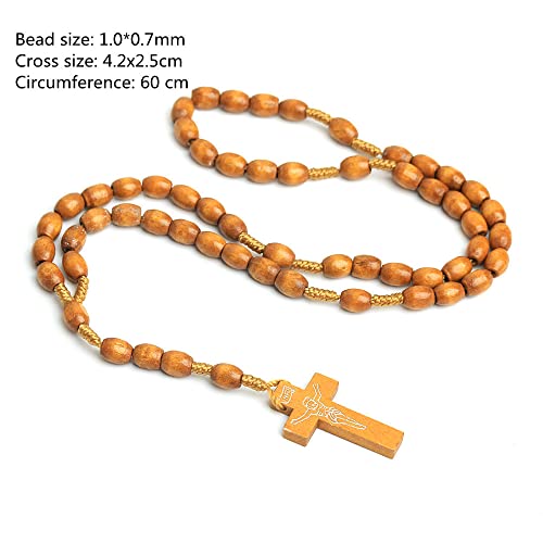COLORFUL BLING Natural Wooden Catholic Rosaries Wood Crucifix Prayer Beads Pendant Necklace Prayer Jesus Religious Cross Rosary Necklace Handmade Jewelry - color: oval simple light