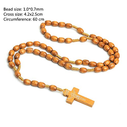 COLORFUL BLING Natural Wooden Catholic Rosaries Wood Crucifix Prayer Beads Pendant Necklace Prayer Jesus Religious Cross Rosary Necklace Handmade Jewelry - color: oval simple light