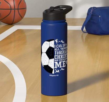 Christian Soccer Faith Graphic Bible Verse Philippians 4:13 Stainless Steel Insulated Water Bottle - color: Royal Blue