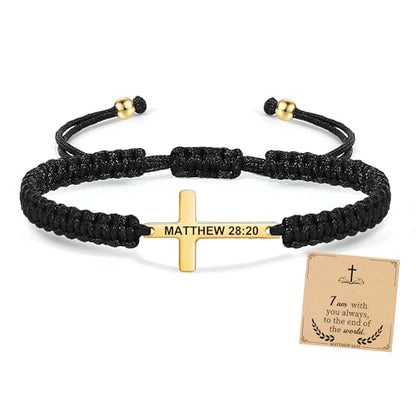 Christian Gifts Cross Bracelet for Men Easter Baptism Religious Gifts for Women Handmade Braided Bracelets Inspirational Confirmation Gifts for Teenage Girl Boys Jewelry - color: Gold, style: MATTHEW 28:20.