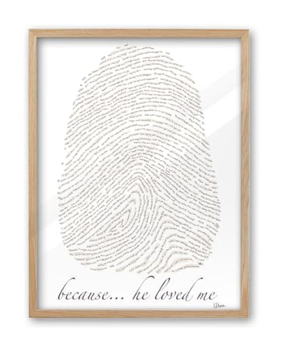iHery 12x16in Because He Loved Me Fingerprint Bible Verse Framed Wall Art - color: Beige Frame White Art, size: 16"L x 12"W