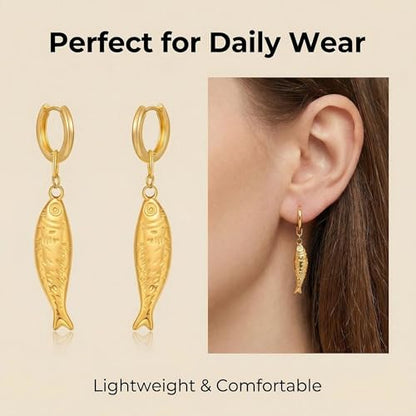 Gold Fish Dangle Earrings for Women, Hypoallergenic Small Gold Huggie Hoops, Unique Beach Jewelry Aretes de Mujer
