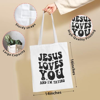 VICBOU Bible Verse Canvas Tote Bag Religious Christian Gifts for Women Men Faith Canvas Tote Reusable Grocery Bag - color: Jesuslovesyou