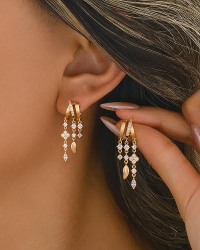 Dangle Gold Earrings for Women Trendy Triple Huggie Chain Earrings - color: Gold 5