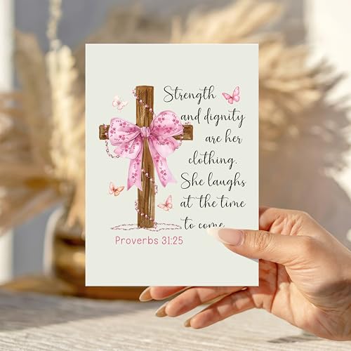 Strength and Dignity Are Her Clothing Card Christian Encouragement Cards Proverbs 31:25 Bible Verse Inspirational Spiritual Greeting Gift for Woman Mom Daughter Sister Friend Bestie Pastor's Wife Niece Mentor - color: Strength And Dignity Proverbs 31:25