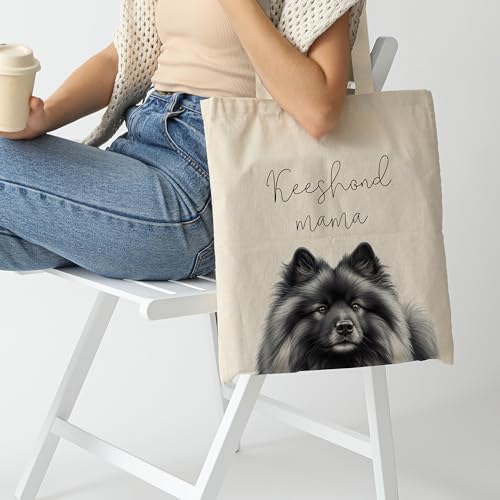 Dog Mom Canvas Tote Bag for Women, Reusable Cotton Shoulder Bag, Dog Lover Gift, Mother’s Day Pet Mom Shopping Tote - color: Keeshond