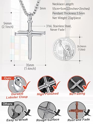 FaithHeart Stainless Steel Cross Necklace for Men, Silver/Black/Gold Cross Chains for Men Religious Amulet Necklaces Christian Gifts for Dad - style: Nail Cross-Silver