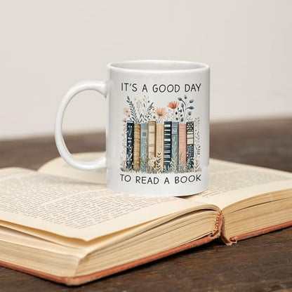 Gifts for Books Lovers Women - It’s A Good Day To Read A Book Mug, Book Lover Mugs, Books Coffee Cup with Stacked Novel Design, Bookworm Mugs for Readers - color: Book