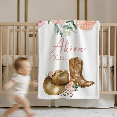 Personalized Western Pink Cowgirl Baby Blanket, Cute Pony Boots Bow Pattern, Custom Name Toddler Kids Throw, Western Nursery Decor, Baby Girl Shower Gift - color: Western Pink Cowgirl Baby Blanket