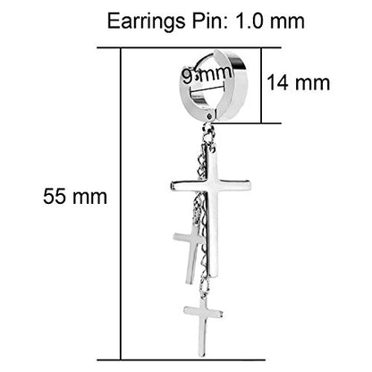 JewelrieShop Cross Tassel Stainless Steel Urban Huggie Hinged Hoop Dangle Earrings - color: 02. 2 Pairs (Steel + Black)