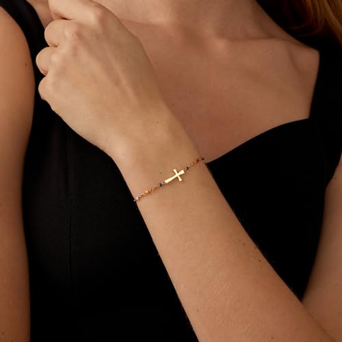 18K Gold Plated Pearl Beaded Cross Bracelets for Women Adjustable - color: Colorful Cross-Gold
