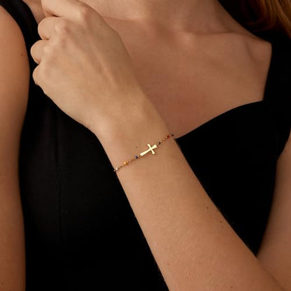 18K Gold Plated Pearl Beaded Cross Bracelets for Women Adjustable - color: Colorful Cross-Gold