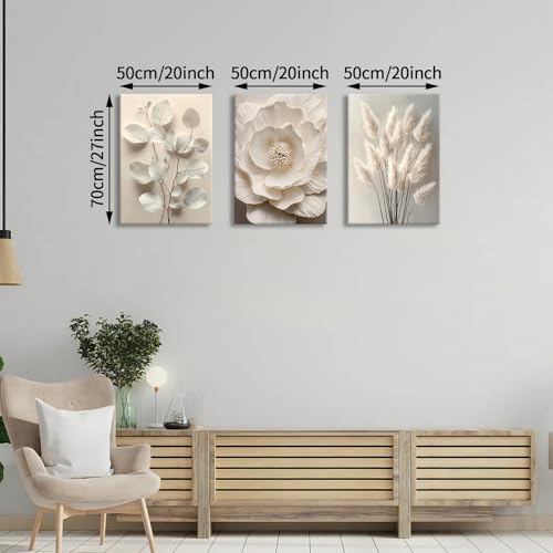 WENGTIAO 3Pcs Beige Floral Botanical Frame Canvas Wall Art 20"x28"x3 - color: Flower-White botanical, size: 20"x28"x3Pcs