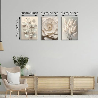 WENGTIAO 3Pcs Beige Floral Botanical Frame Canvas Wall Art 20"x28"x3 - color: Flower-White botanical, size: 20"x28"x3Pcs