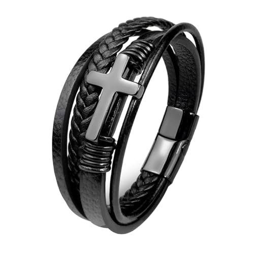 Mens Brown Leather Bracelet Multi-Layer Braided Leather Cross Bracelet Religious Confirmation Gifts - color: Black Leather Black Cross