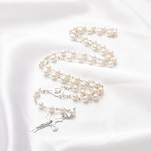 Rosary Beads Catholic - Confirmation Gifts for Teenage Girl, Silver Simple Style Metal Gift Box, White Artificial Pearls Rosary, Gifts for Women - color: 1