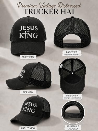 Christian Hat for Men Women - Premium Embroidered Faith Baseball Cap - Religious Jesus Gifts, Mesh Back Trucker Hats - color: Jesus is King-black