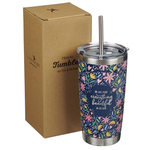 Christian Art Gifts Stainless Steel Double-Wall Vacuum Insulated Tumbler w/Straw & Lid 18 oz Navy Floral Inspirational Bible Verse Travel Mug for Women - Everything Beautiful - Ecc. 3:11 - color: Navy/Everything Beautiful