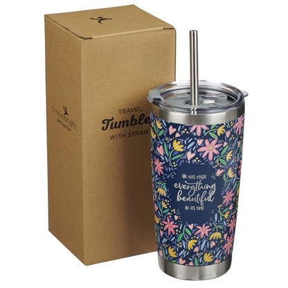 Christian Art Gifts Stainless Steel Double-Wall Vacuum Insulated Tumbler w/Straw & Lid 18 oz Navy Floral Inspirational Bible Verse Travel Mug for Women - Everything Beautiful - Ecc. 3:11 - color: Navy/Everything Beautiful