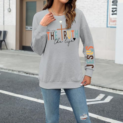 Tuislay Christian Sweatshirt Womens Jesus God Pullover Bible Verse Crewneck Sweatshirts Religious Cross Graphic Shirts - color: Light Gray, size: Medium