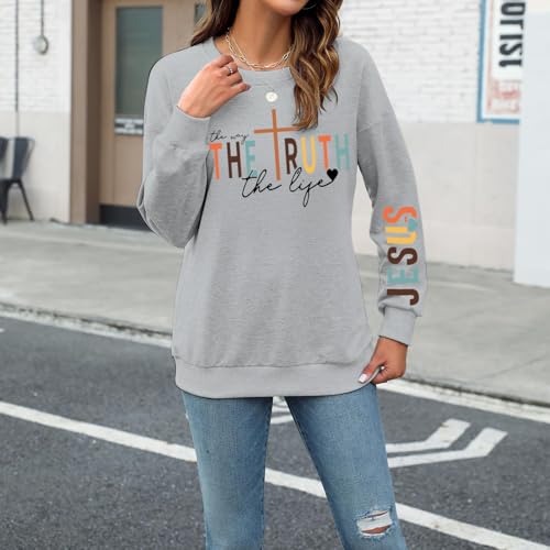 Tuislay Christian Sweatshirt Womens Jesus God Pullover Bible Verse Crewneck Sweatshirts Religious Cross Graphic Shirts - color: Light Gray, size: X-Large