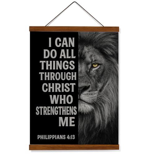 FOPENEM Philippians 4:13 Christian Lion Wall Art Decor, Inspirational Bible Verse Scripture Wall Decor Poster Hanger Frame for Home Boys Bedroom Living Room Church, 12x16 Inches - color: white-Christian Lion