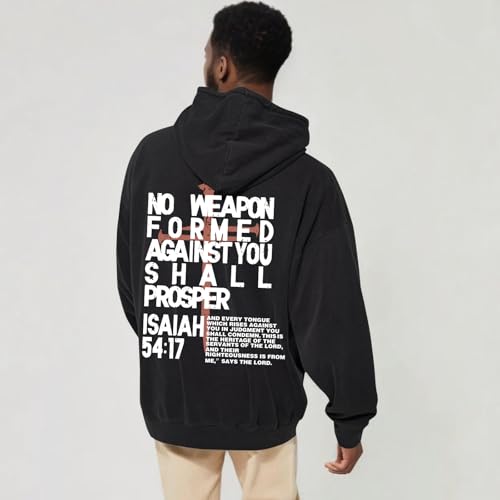 Christian Hoodies Men Jesus No Weapon Formed Against You Sweatshirts Faith God Oversized Acid Wash Graphic Pullover - color: Black, size: Small