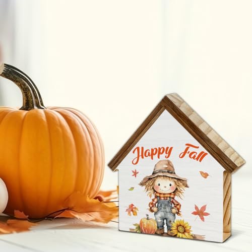 Scarecrows Fall Decor, Pumpkin Scarecrow Happy Fall House Shaped Wood Sign - color: Happy