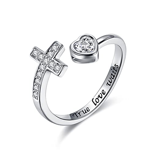 APOTIE 925 Sterling Silver Cross Ring - True Love Wait Purity Ring Cubic Zirconia Adjustable Ring Jewelry Gift for Women - style: True Love Wait