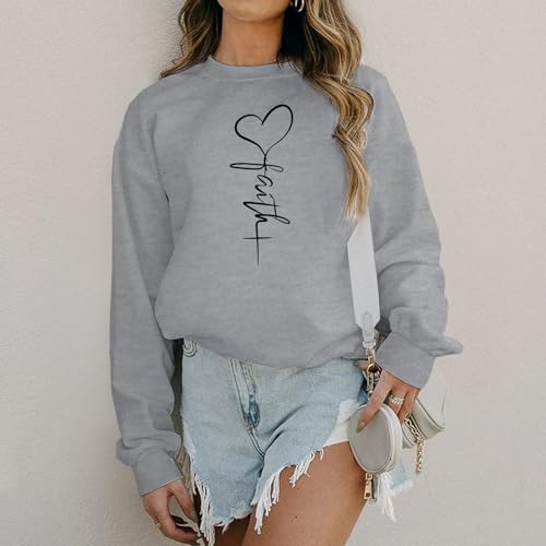 KIEKIECOO Faith Christian Sweatshirts for Women Religious Crewneck Sweatshirt Letter Print Fall Pullover Long Sleeve Tops - color: Light Gray, size: Large