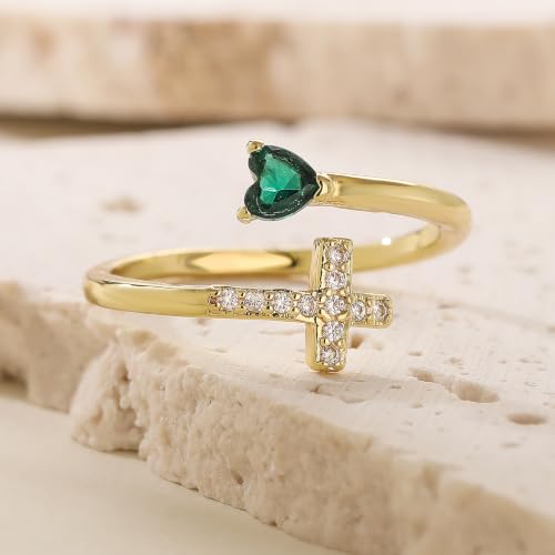 14K Gold Plated CZ Cross Heart Ring Eternity Promise Jewelry for Her - style: Green Stone