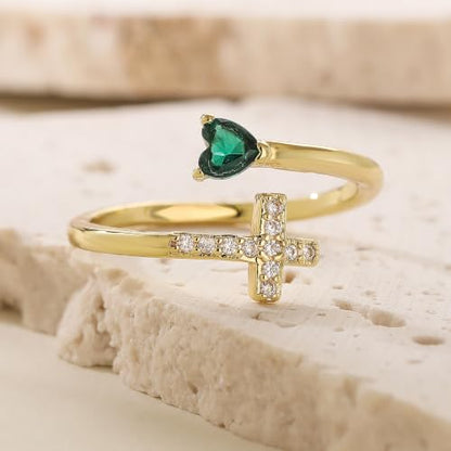 14K Gold Plated CZ Cross Heart Ring Eternity Promise Jewelry for Her - style: Green Stone